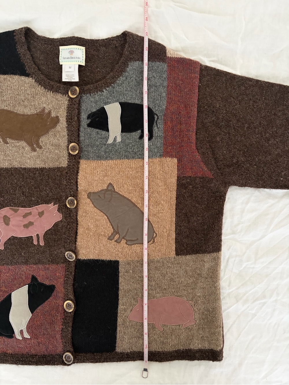 Vintage 90s Susan Bristol Fresh Farm Produce Cardigan Sweater Hand Knit Sz M pig - Picture 5 of 7